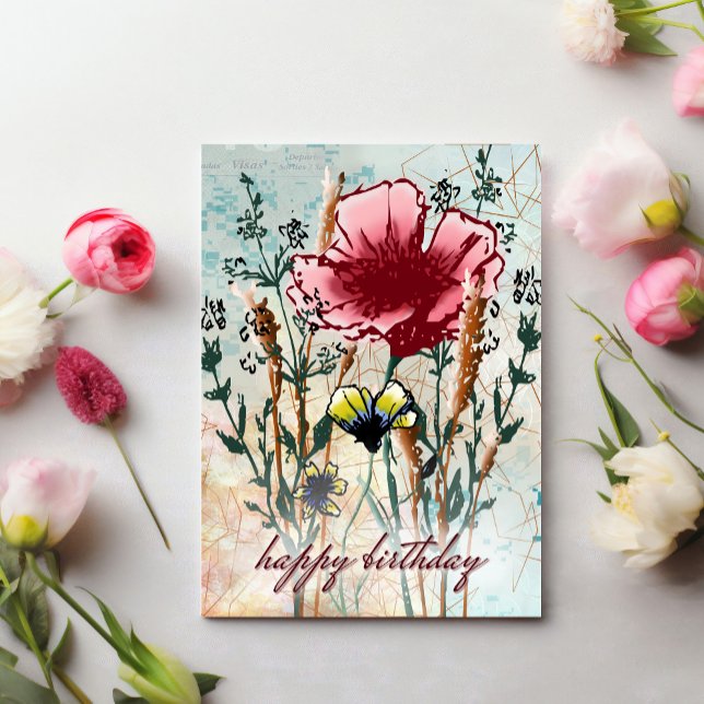 Carte Personalized Birthday Card Mixed Media Wildflower  (Personalize your birthday wishes, just add a custom message.)