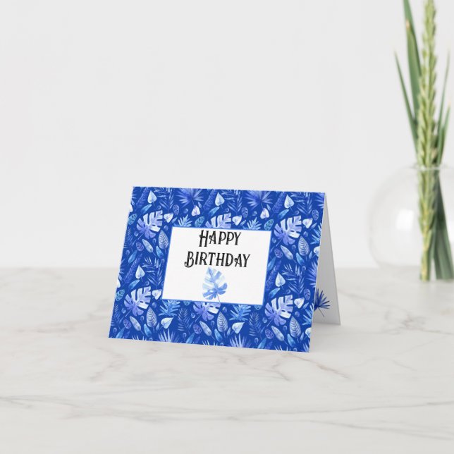 Carte Personnalisé Bleu Cobalt Feuilles tropicaux Joyeux (Devant)