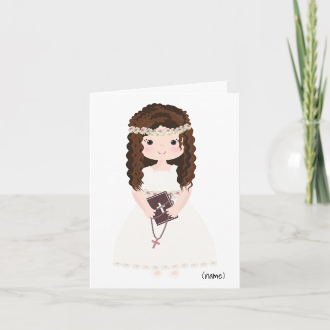 Carte Personnalisé Chic Première Communion Brown Coiffeu (Devant)