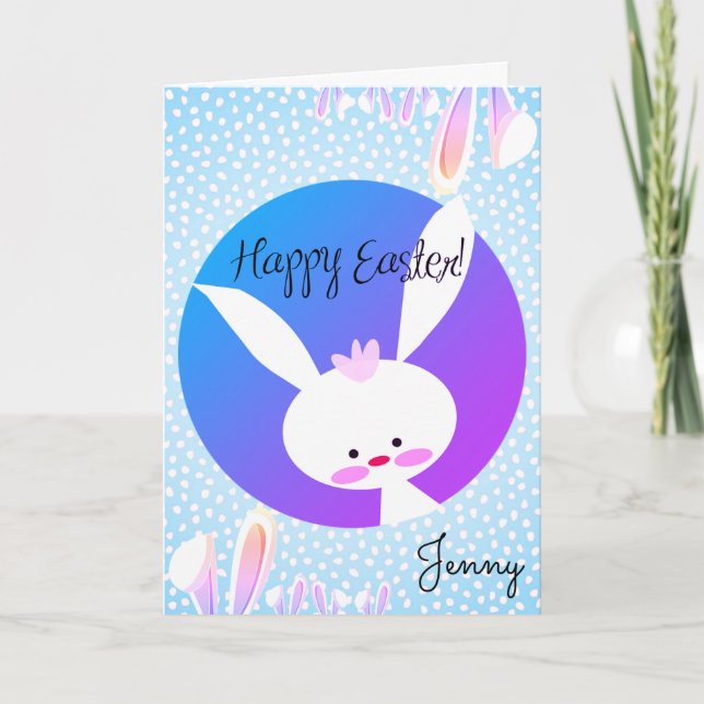 Carte Personnalisé Nom HAPPY EASTER Cute Bunny Bleu esth (Devant)