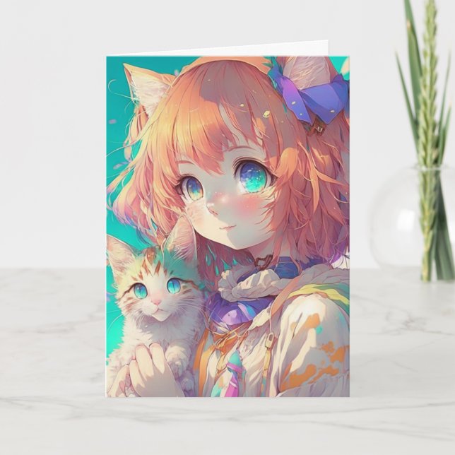 Carte Personnalisée belle fille d'Anime avec mignonne Ki (Devant)