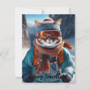 Carte Personnaliser Chat ski sur les pistes enneigées
