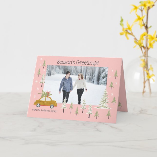 Carte Personnaliser Photo Retro Woodland Pink Christmas (Fleur jaune)