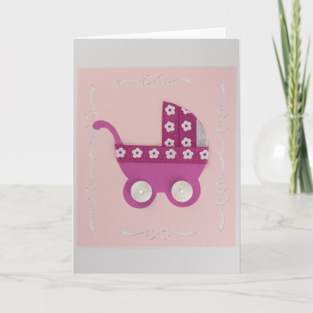 Carte Personnalisez la poussette rose foncé avec des fle (Devant)