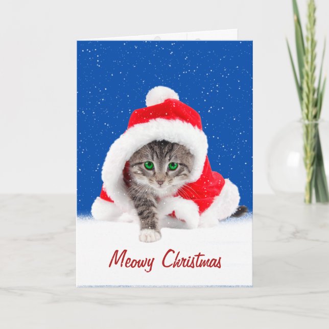 Carte Petit chaton au chapeau de Noël et flocons de neig (Devant)