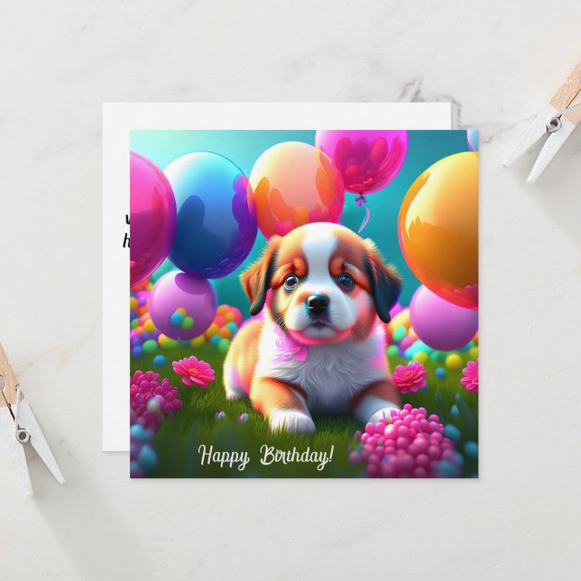 Carte Petit chiot avec ballons - anniversaire (Devant/Arrière en situation)