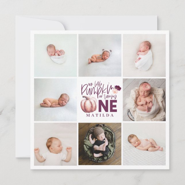 Carte petit citrouille violet 1er anniversaire multi pho (Devant)