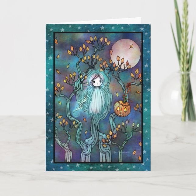 Carte Petit Fantôme dans les Arbres Joli Art d'Halloween (Devant)