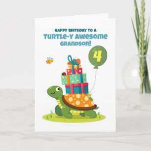 Carte Petit-fils 4e anniversaire mignonne tortue avec pr
