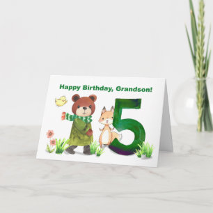 Carte Petit-fils 5e anniversaire Ours d'aquarelle et ren