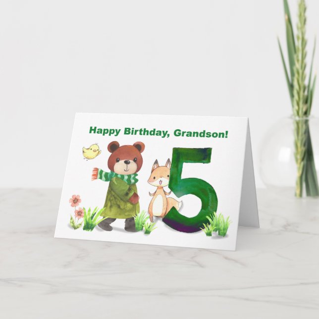Carte Petit-fils 5e anniversaire Ours d'aquarelle et ren (Devant)
