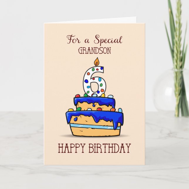 Carte Petit-fils 6e anniversaire, 6 sur le gâteau bleu d (Devant)