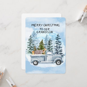 Carte Petit-fils Camion bleu Arbre de Noël et animaux