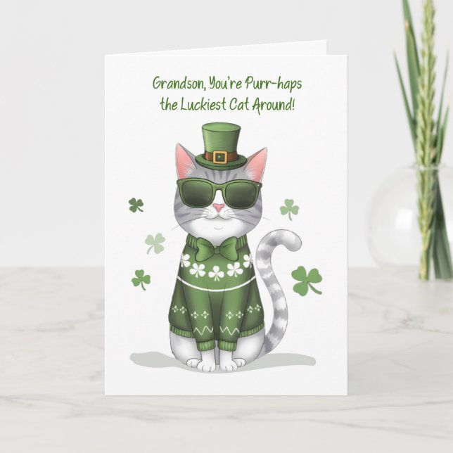 Carte Petit-fils Funny Chat portant des lunettes de sole (Devant)