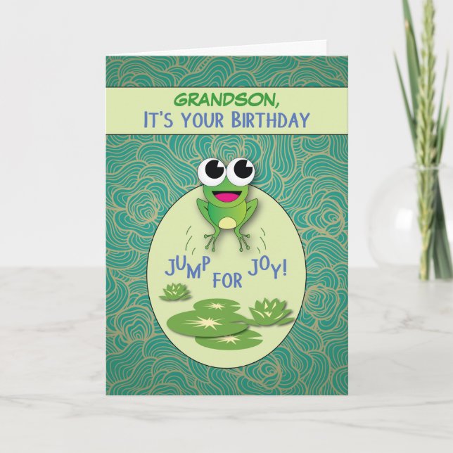Carte Petit-fils, grenouille d'anniversaire, nom fait (Devant)