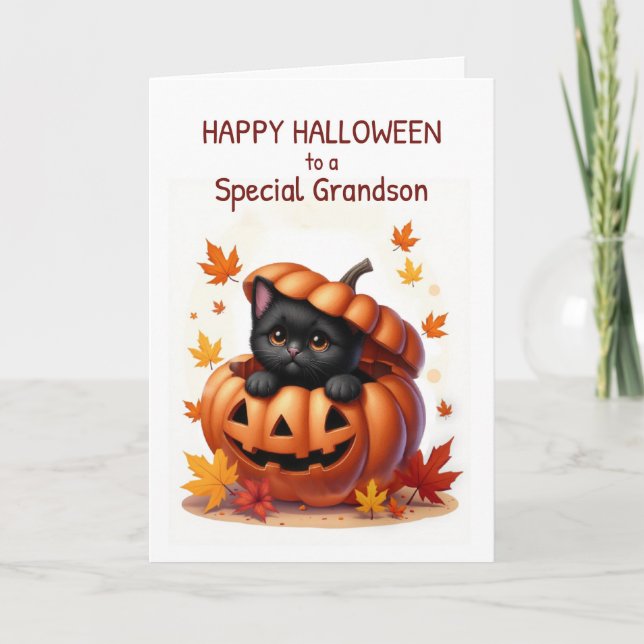 Carte Petit-fils Halloween mignonne Chat noir en Citroui (Devant)