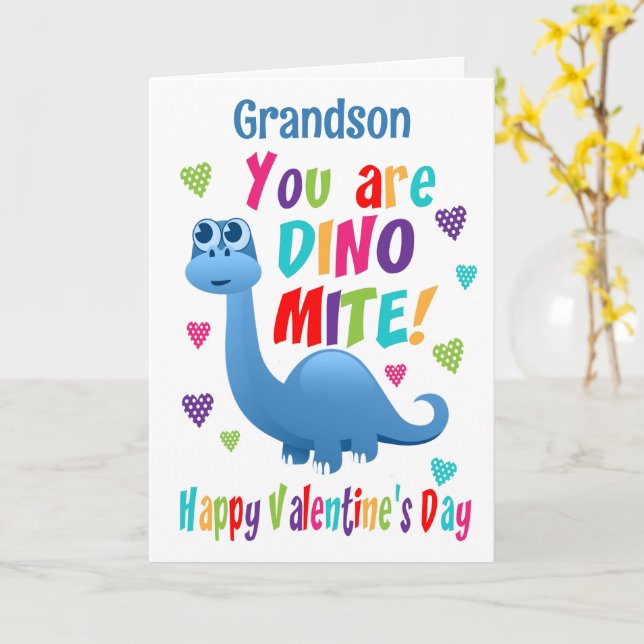 Carte Petit-fils Saint-Valentin Dinosaure (Fleur jaune)