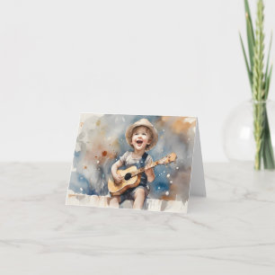 Carte Petit Garçon Guitare Aquarelle Illustration Blank
