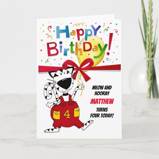 Carte Petit garçon ou petite fille Cartoon Cat 4e annive (Devant)