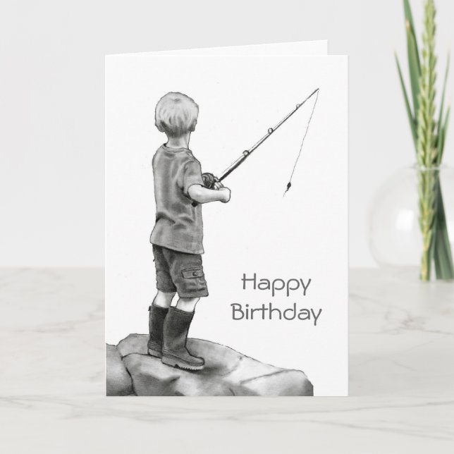 Carte Petit Garçon Pêche : Dessin au crayon original (Devant)