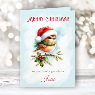Carte Petit Robin À Santa Hat Grandson Enfants Noël