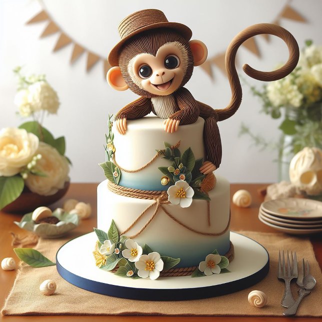 CARTE PETIT SINGE ADORABLE AVEC GÂTEAU ANNIVERSAIRE DE E (Créateur téléchargé)