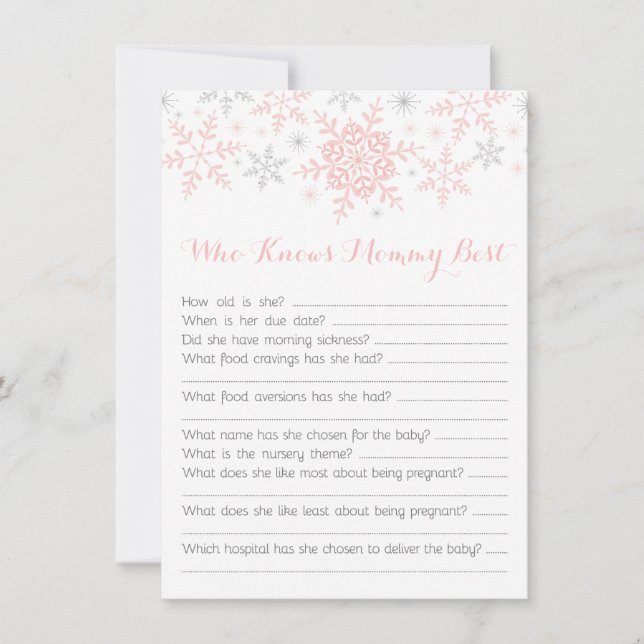 Carte Petit Snowflake Baby shower Maman Quiz, Argent Ros (Devant)