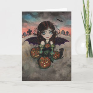 Carte Petite fée vampire d'Halloween et citrouilles