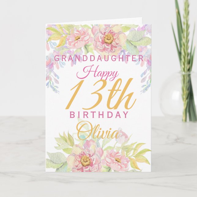 Carte Petite-fille 13e anniversaire Rose rose Floral (Devant)