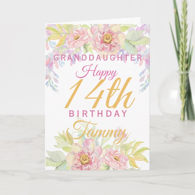 Carte Petite-fille 14e anniversaire Rose rose Floral (Devant)