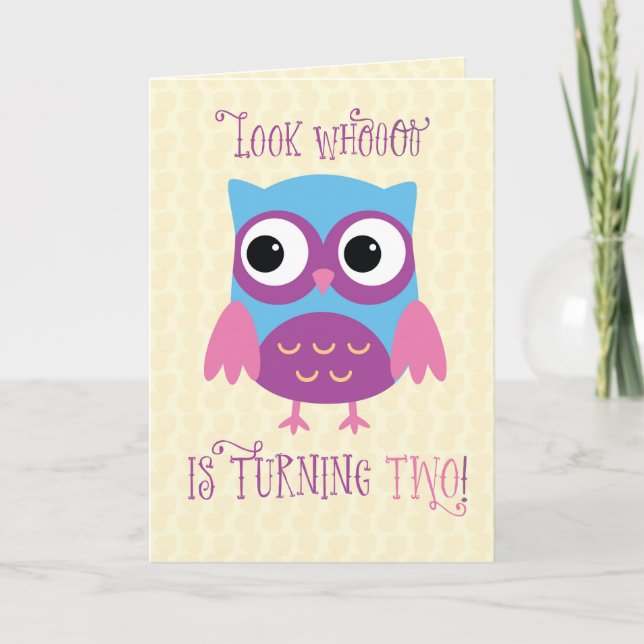 Carte Petite-fille 2e anniversaire, hibou, rose, violet (Devant)