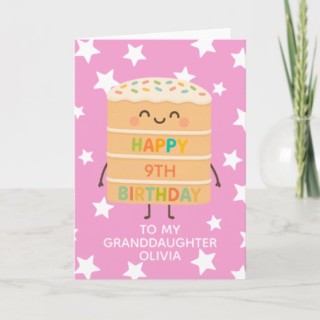 Carte Petite-fille 9e anniversaire Pink Cute Cake Custom (Devant)