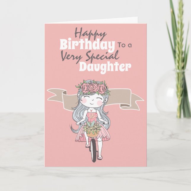 Carte Petite fille à vélo fille voeux anniversaire (Devant)
