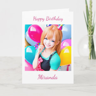 Carte Petite fille Anime avec ballons Anniversaire
