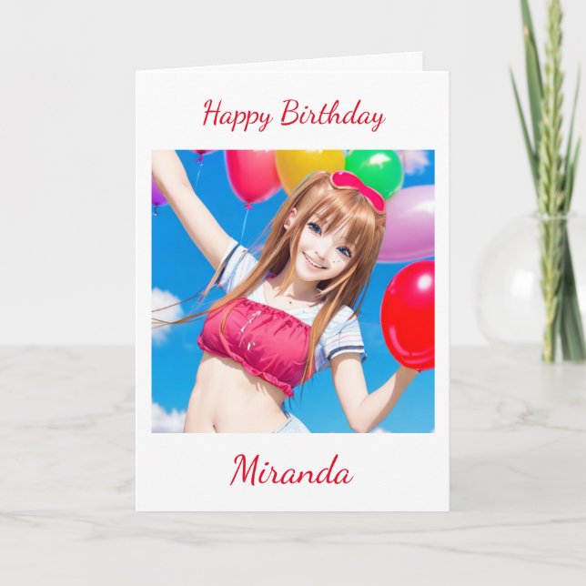Carte Petite fille Anime avec ballons Anniversaire (Devant)