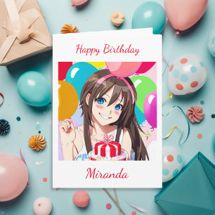Carte Petite fille Anime avec ballons Anniversaire