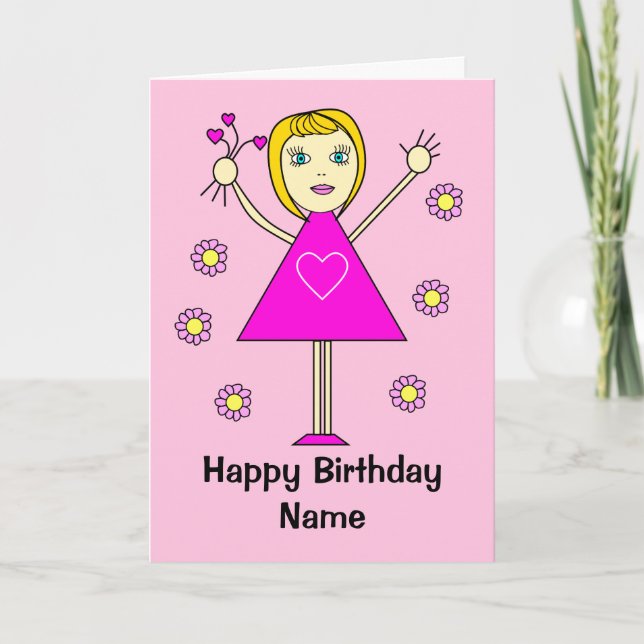 Carte Petite fille aux coeurs Caricature rose (Devant)