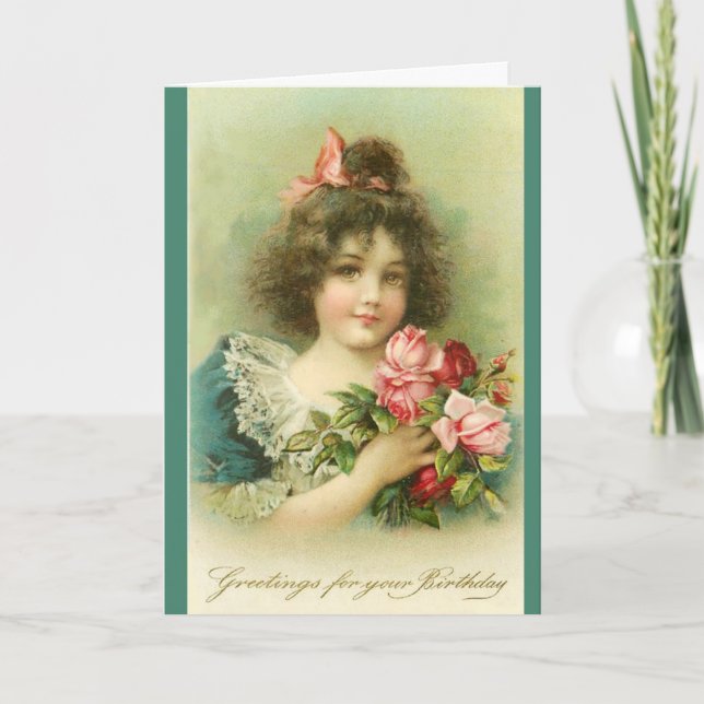 Carte Petite fille aux roses roses roses, Anniversaire (Devant)