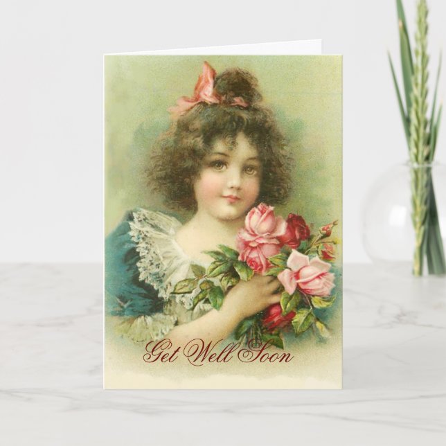 Carte Petite fille aux roses roses roses, va bien bientô (Devant)