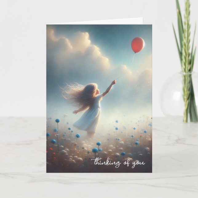Carte Petite Fille Avec Balloon Rouge Qui Pense À Toi (Devant)