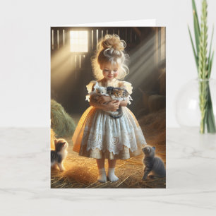 Carte Petite Fille Avec Barn Kittens Anniversaire