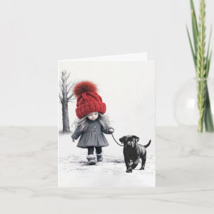 Carte Petite fille avec Casquette rouge et chiot