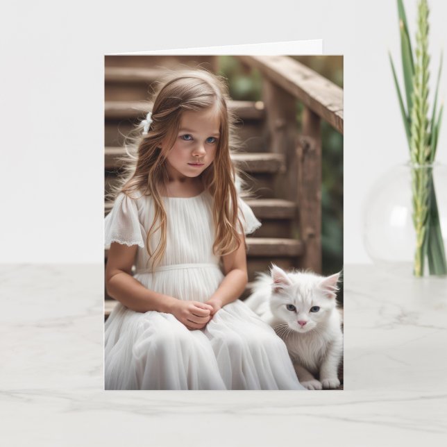 Carte Petite fille avec chat blanc pour l'anniversaire (Devant)