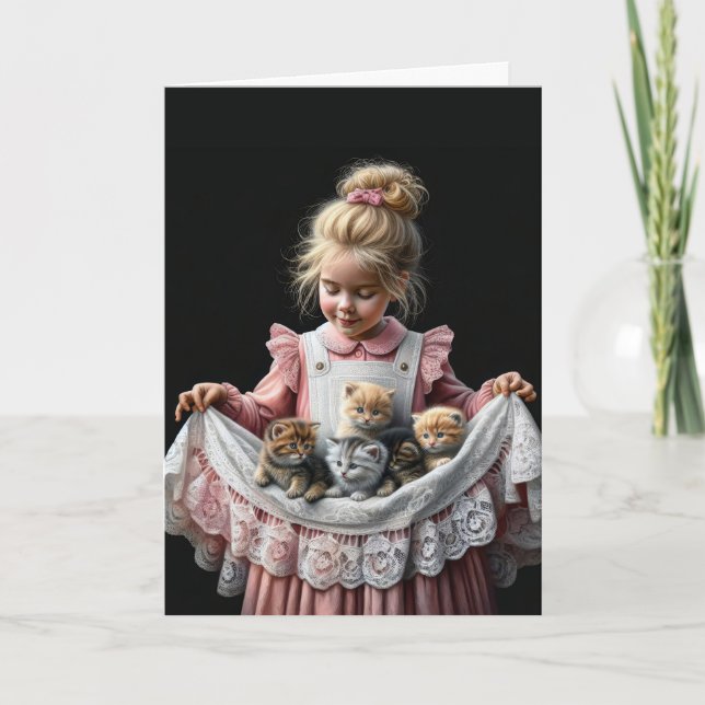 Carte Petite fille avec chatons Anniversaire (Devant)