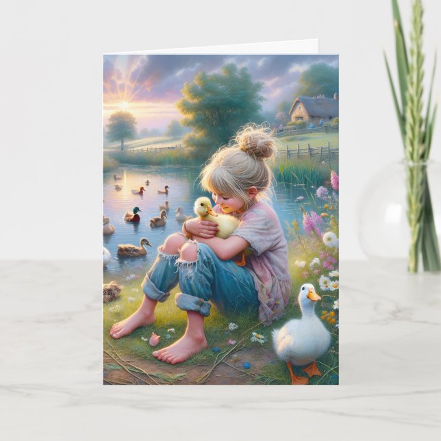 Carte Petite fille avec des canards pour l'anniversaire (Devant)