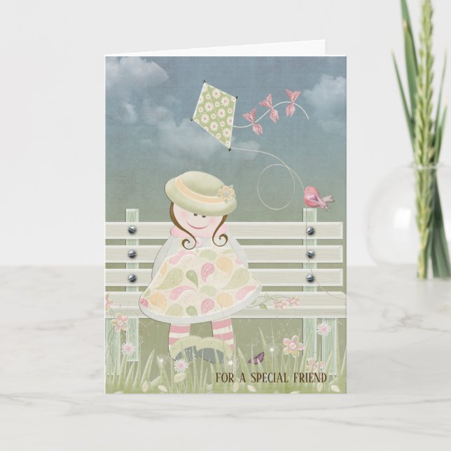 Carte petite fille avec un cerf-volant sur banc pour l'a (Devant)