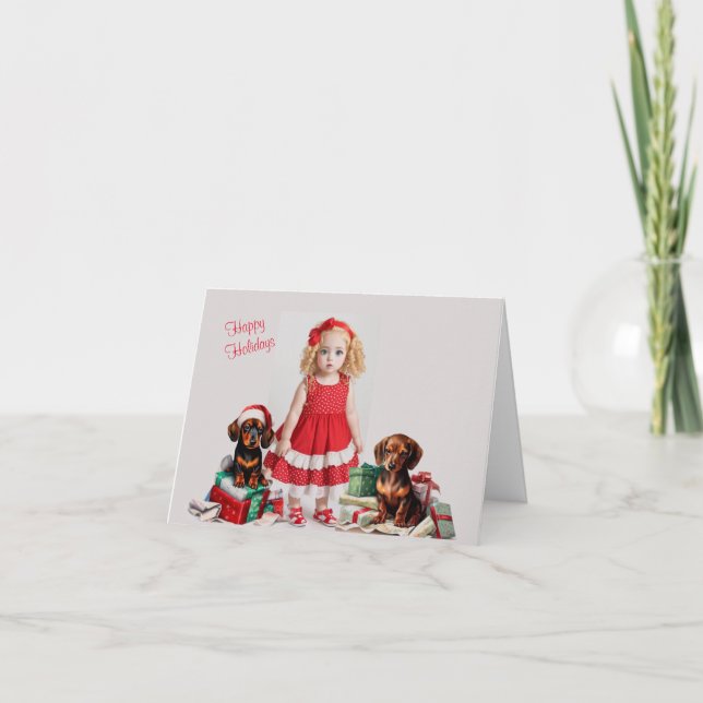 Carte Petite fille blonde avec Noël Dachshund (Devant)