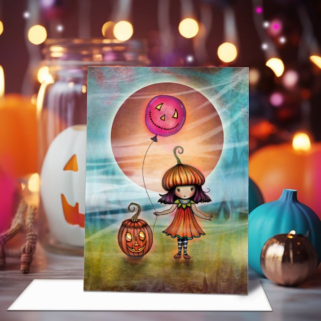 Carte Petite fille Citrouille mignonne Halloween Art (Créateur téléchargé)