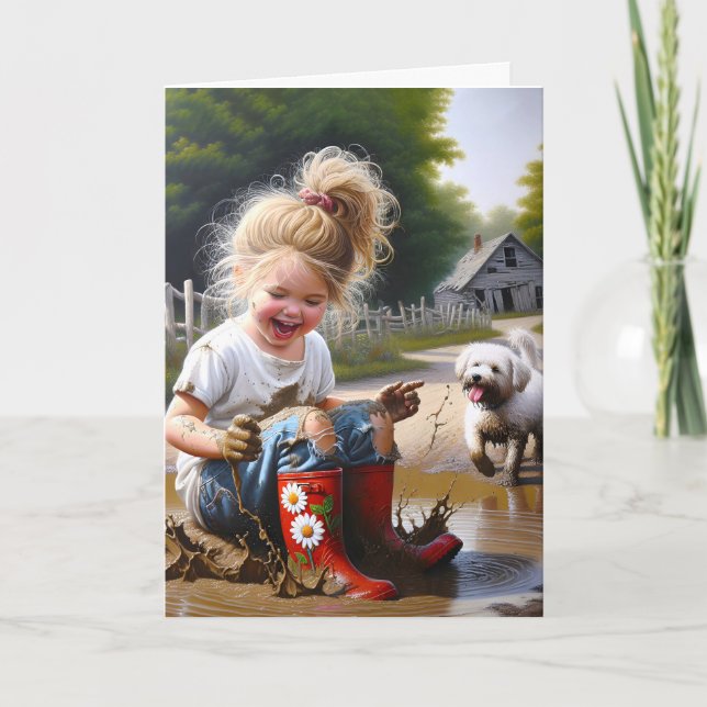 Carte Petite fille dans une flaque de boue anniversaire (Devant)