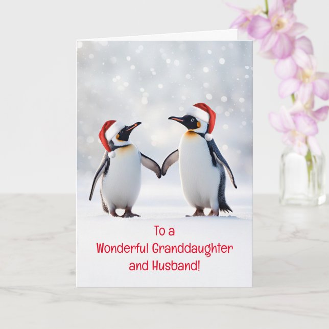 Carte Petite-fille et mari mignon couple de pingouins (Orchidée)